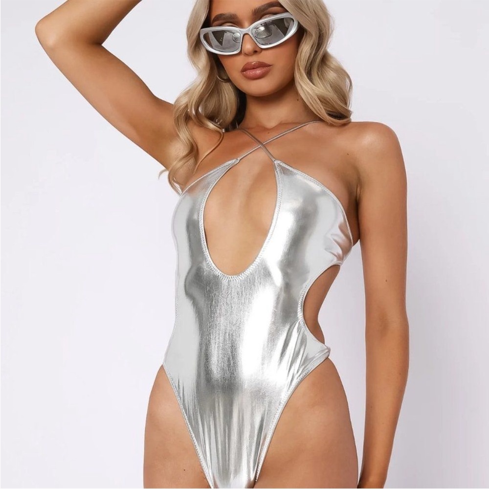 Silver metallic white fox one piece swimsuit/bodysuit